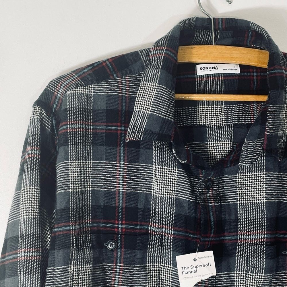 Sonoma The Super Flannel Black, Red, White & Blue Cotton Shirt Size L NWT - Picture 4 of 9